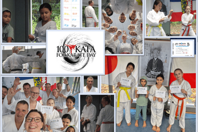 Collage aus mehreren Fotos von Karate-Sch&uuml;lern in wei&szlig;en Karate-Anz&uuml;gen mit verschiedenfarbigen G&uuml;rteln, die Urkunden halten und Karate-Posen zeigen, mittig ein Logo mit der Aufschrift '100 KATA FOR KARATE DAY'