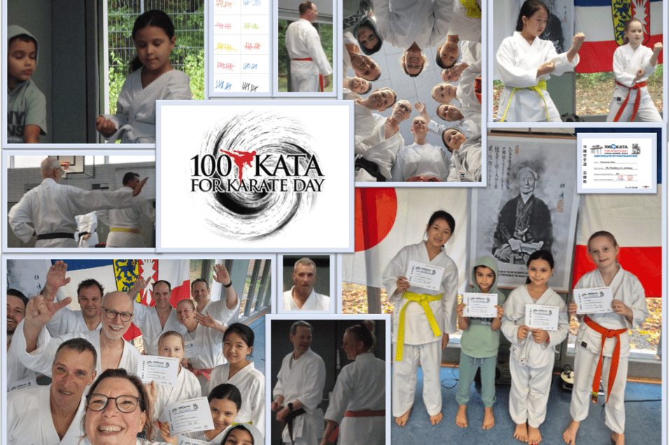 Karate Tag - 100 Kata 2025 Collage aus mehreren Fotos von Karate-Schülern in weißen Karate-Anzügen mit verschiedenfarbigen Gürteln, die Urkunden halten und Karate-Posen zeigen, mittig ein Logo mit der Aufschrift '100 KATA FOR KARATE DAY'