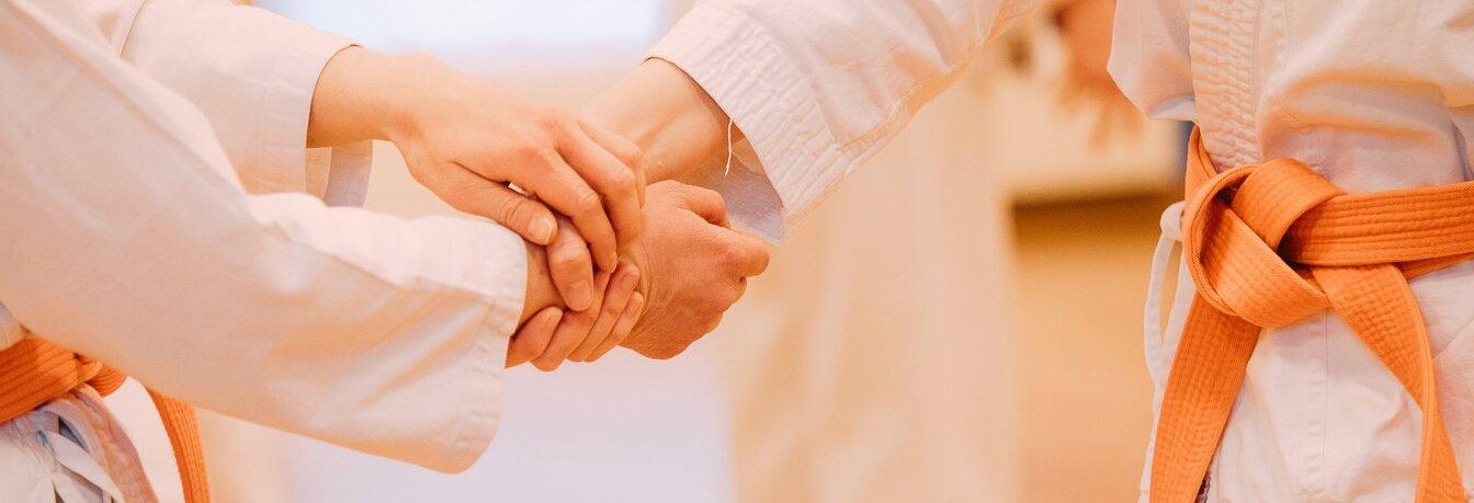 Vier Karateka im Karate-Gi stehen mit einer Beinposition auf einem Holzboden. Hintergr&uuml;nde in Blau und Rot sind sichtbar.