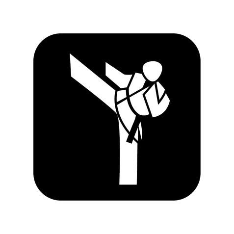 Symbol eines Kampfkünstlers, der einen hohen Kick in einem Rechteck ausführt, auf schwarzem Hintergrund.