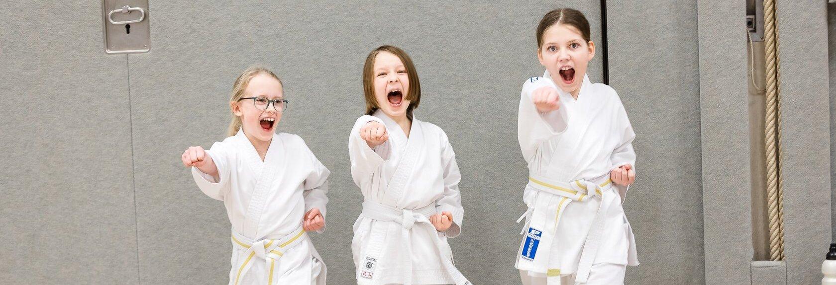 Drei Kinder in wei&szlig;en Karateanz&uuml;gen mit gelben G&uuml;rteln f&uuml;hren eine Karate-&Uuml;bung mit ausgestrecktem Arm aus