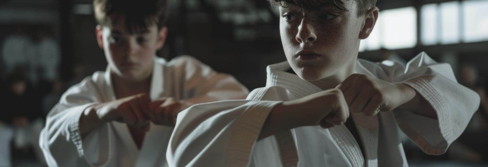 Zwei Jungen in weißen Karateanzügen führen eine Technik in einem Dojo aus, fokussiert auf ihre Bewegungen.