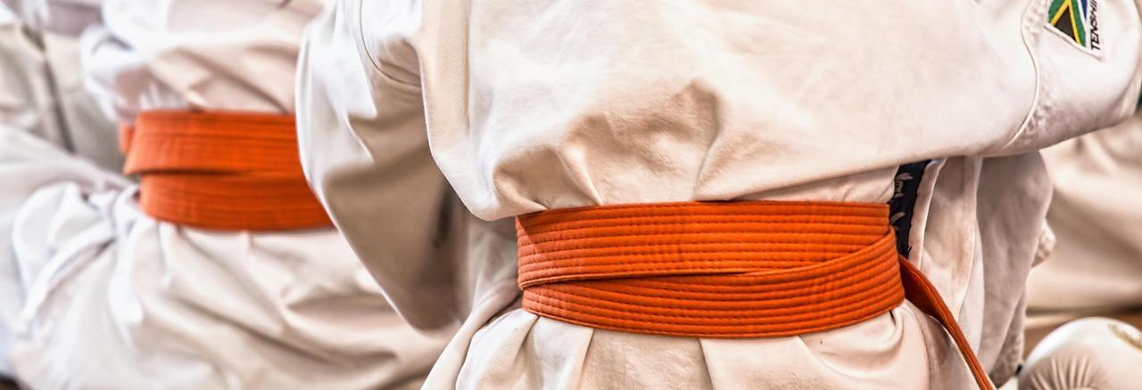 Nahaufnahme von mehreren Schülern in weißen Karateanzügen mit orangefarbenen Gürteln, die auf dem Boden sitzen.