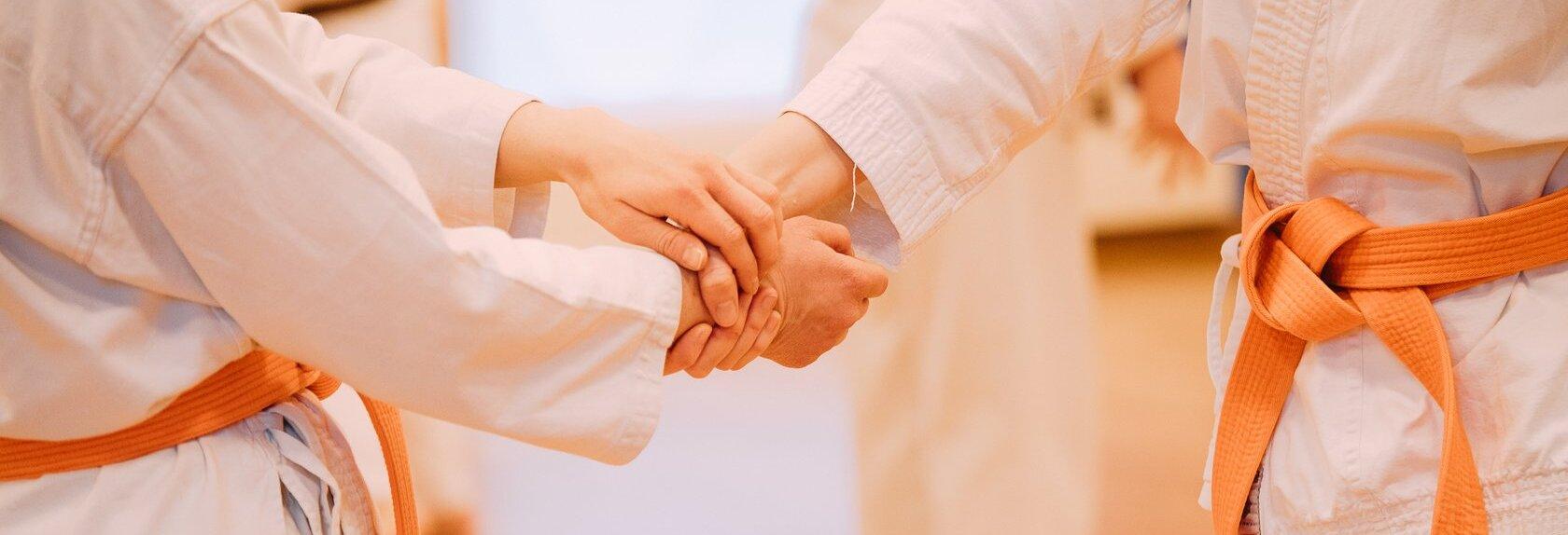 Vier Karateka im Karate-Gi stehen mit einer Beinposition auf einem Holzboden. Hintergr&uuml;nde in Blau und Rot sind sichtbar.