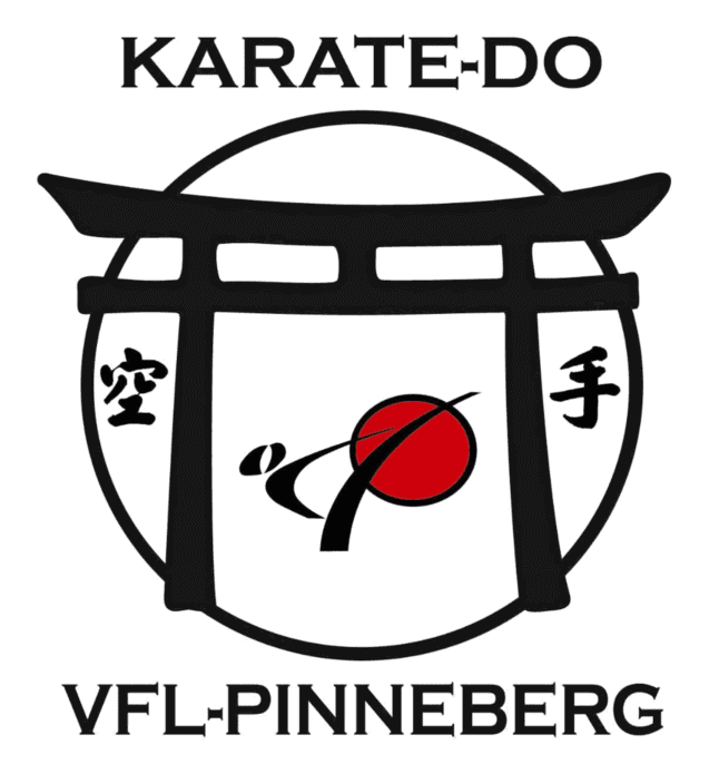 Logo des Karate-Vereins VFL Pinneberg mit Torii, roter Sonne und Kalligrafie. Schriftzug: "KARATE-DO VFL-PINNEBERG".