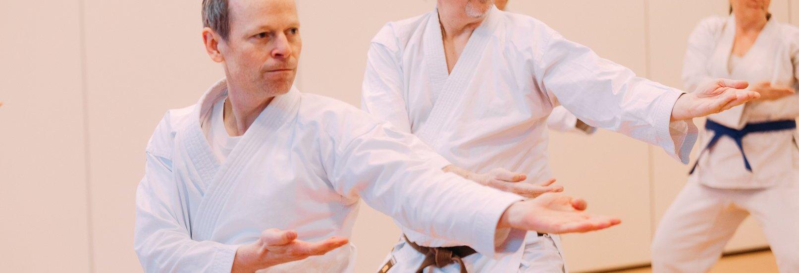 Drei Personen in wei&szlig;en Karateanz&uuml;gen mit braunen und blauen G&uuml;rteln f&uuml;hren eine Karatebewegung in einem hellen Raum aus
