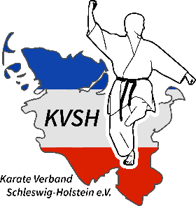 Silhouette eines Karateka in Aktion über einer stilisierten Landkarte mit den Farben Blau, Weiß und Rot und dem Text "KVSH".
