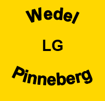 Logo mit gelbem Hintergrund, schwarzer Schrift: „Wedel LG Pinneberg“ in halbkreisförmiger Anordnung.