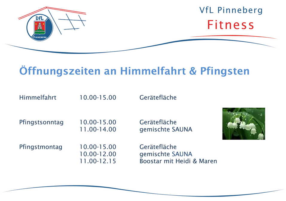 Öffnungszeiten für Himmelfahrt und Pfingsten im VfL Pinneberg, einschließlich Angebote für Geräte und Sauna.