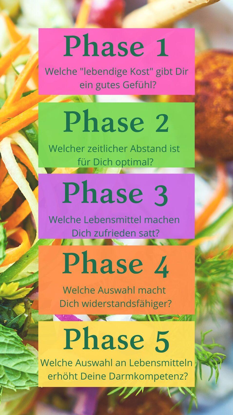 Bild mit bunten Textfeldern zu Ernährungsthemen, umgeben von frischem Gemüse auf einem Tisch.
