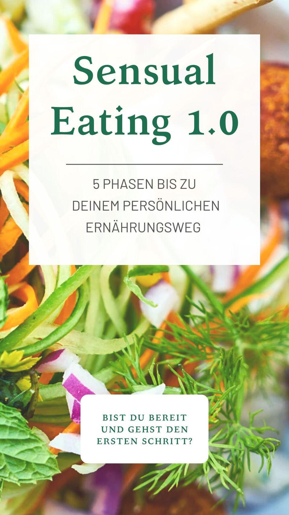 Bunte Salat-Zutaten mit frischen Kräutern und einer weißen Textbox mit Informationen zum Thema „Sensual Eating“.