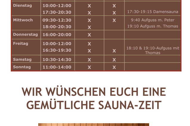 Tabelle mit Sauna&ouml;ffnungszeiten ab 21. Oktober 2024 und Holzregal mit Handt&uuml;chern sowie Saunaeimer im Bild.