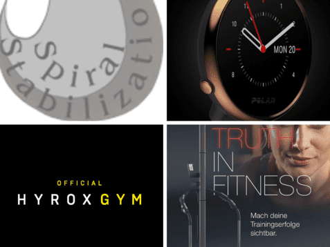 Logo mit dem Text „Spiral Stabilization“ und Darstellung einer Sportuhr von Polar sowie Fitnesswerbung für HYROX GYM.