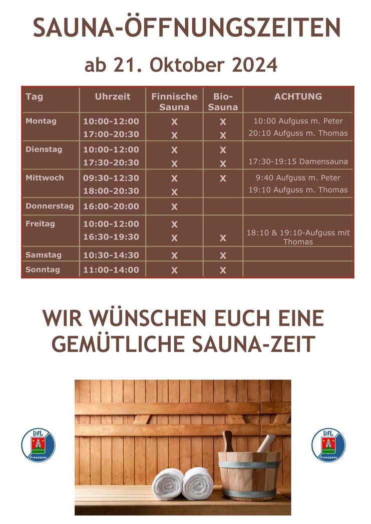 Tabelle mit Saunaöffnungszeiten ab 21. Oktober 2024 und Holzregal mit Handtüchern sowie Saunaeimer im Bild.