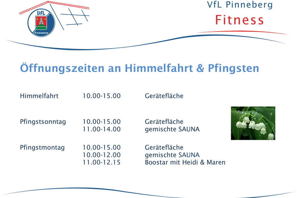 &Ouml;ffnungszeiten f&uuml;r Himmelfahrt und Pfingsten im VfL Pinneberg, einschlie&szlig;lich Angebote f&uuml;r Ger&auml;te und Sauna.