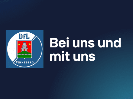 Logo des DFL Pinneberg mit dem Text „Bei uns und mit uns“ auf blauem Hintergrund.