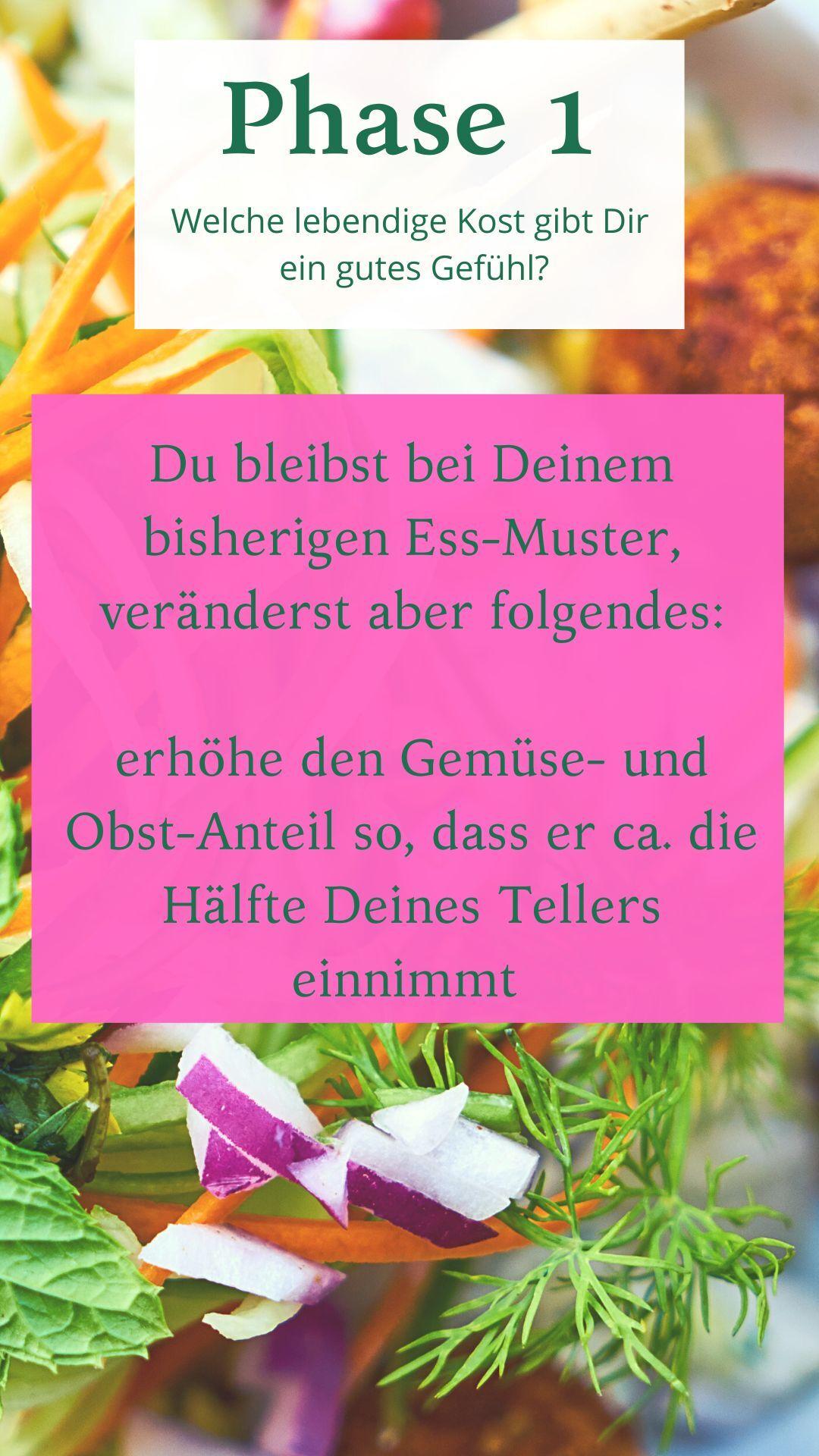 Text auf buntem Hintergrund mit Rezeptanweisungen zur Erhöhung von Gemüse- und Obstanteilen bei Mahlzeiten.
