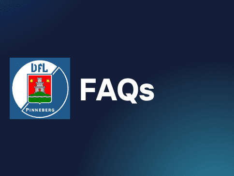 Logo der DFL Pinneberg mit dem Text „FAQs“ auf einem dunklen, gradientierten Hintergrund.