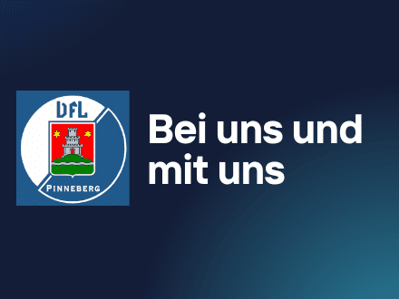 Logo des DFL Pinneberg mit dem Text &bdquo;Bei uns und mit uns&ldquo; auf blauem Hintergrund.