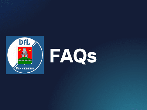 Logo der DFL Pinneberg mit dem Text &bdquo;FAQs&ldquo; auf einem dunklen, gradientierten Hintergrund.