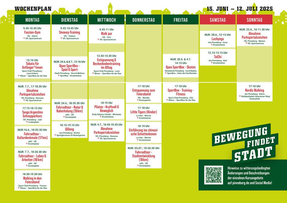 Wochenplan für Sport- und Bewegungsangebote vom 15. Juni bis 12. Juli 2025, inklusive Kurszeiten und Orte.