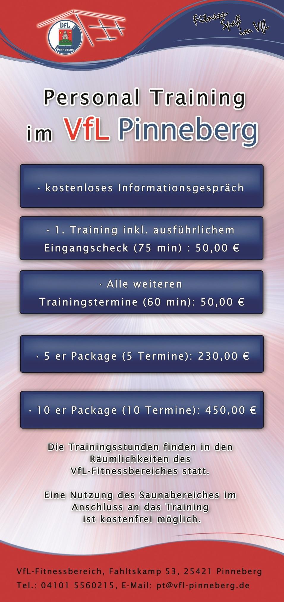 Grafik mit Informationen zu Personal Training im VfL Pinneberg, einschließlich Preisen und Angeboten für Trainingspakete.