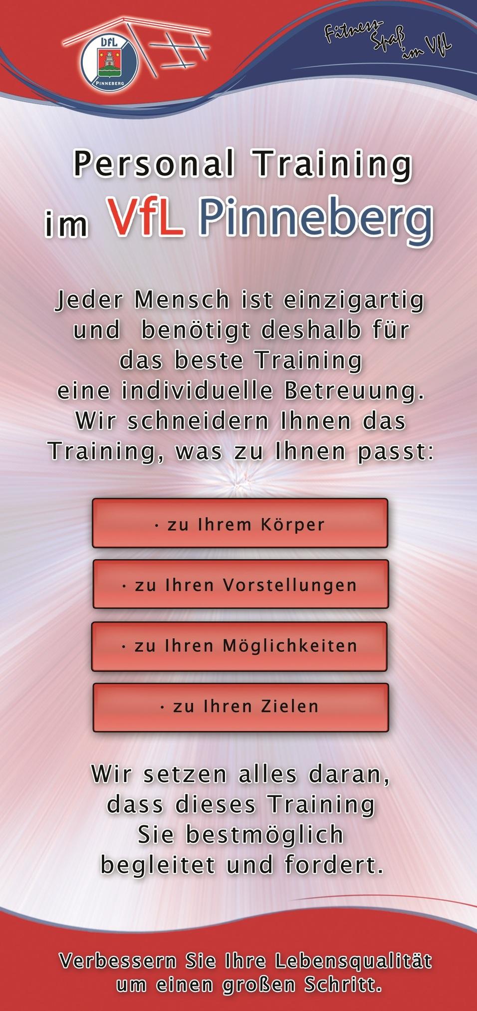 Grafik des VfL Pinneberg mit Informationen zu individuellem Personal Training und Unterstützung für persönliche Ziele.