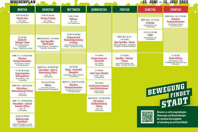 Wochenplan f&uuml;r Sport- und Bewegungsangebote vom 15. Juni bis 12. Juli 2025, inklusive Kurszeiten und Orte.