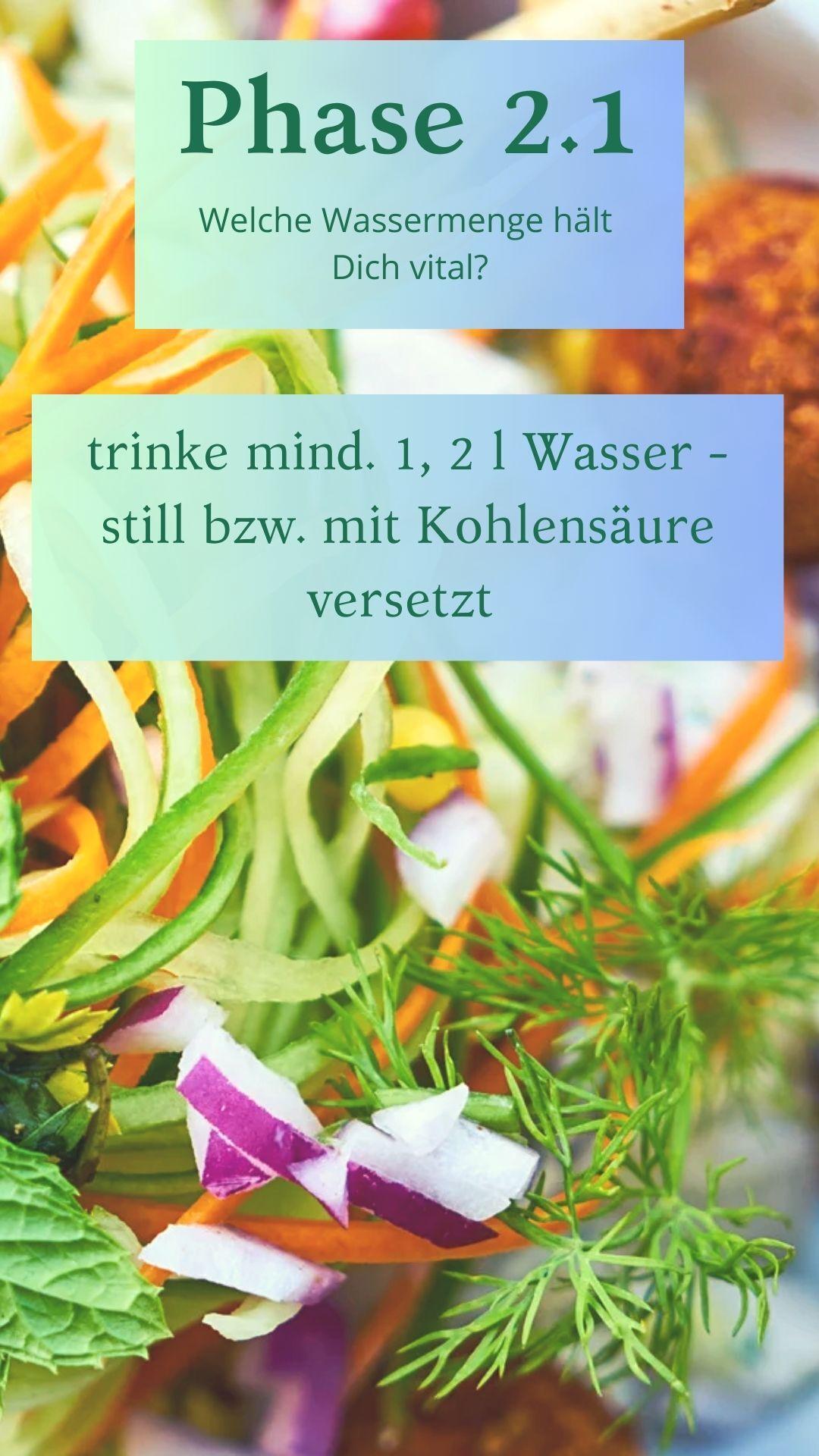 Bunte Gemüsestreifen und Kräuter mit textlicher Anleitung zur Wasseraufnahme in Phase 2.1 einer Vitalitätskur.