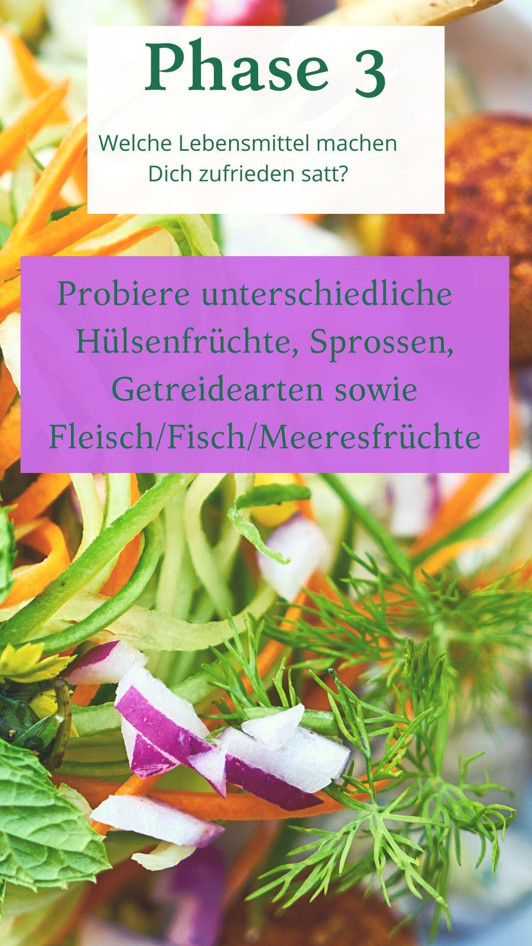 Bunte Mischung aus frischen Gemüse- und Kräuterstücken, mit Text über Lebensmittel, die sättigen.