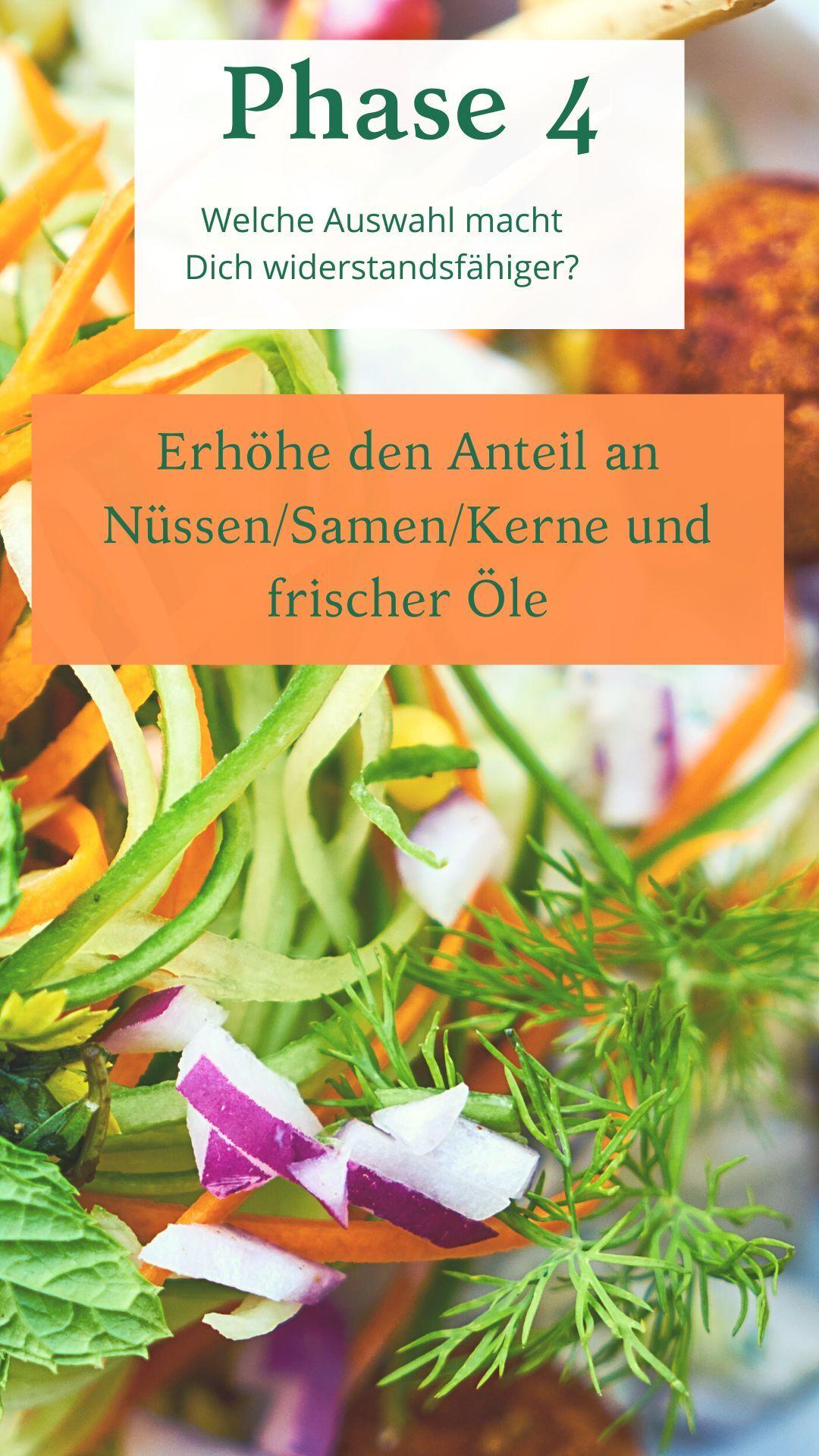 Bunte Mischung aus frisch geschnittenem Gemüse und Kräutern mit Text über Nüsse und gesunde Öle im Hintergrund.