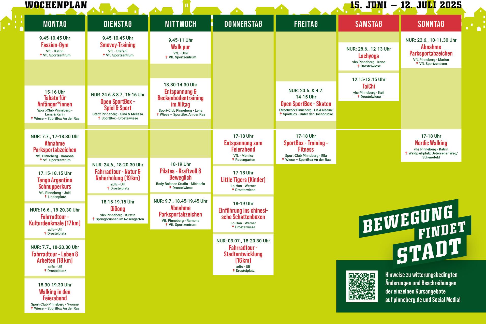 Wochenplan f&uuml;r Sport- und Bewegungsangebote vom 15. Juni bis 12. Juli 2025, inklusive Kurszeiten und Orte.