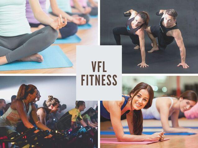 Verschiedene Fitnessaktivitäten: Yoga, Krafttraining, Spinning und Planke, mit dem Text "VFL FITNESS" in der Mitte.
