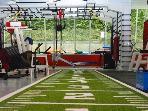 Fitnessstudio mit grüner Trainingsfläche, Hanteln, verschiedenen Geräten und Fenstern mit Blick ins Freie.