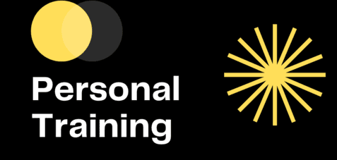 Logo für Personal Training mit gelben Kreisen und strahlendem Muster auf schwarzem Hintergrund.