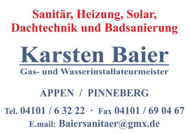 Visitenkarte von Karsten Baier, Gas- und Wasserinstallateurmeister, mit Kontaktdaten und Dienstleistungen wie Sanitär und Heizung.