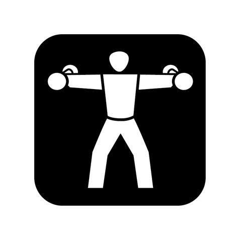 Icon eines Menschen, der mit beiden Händen Hanteln in Schulterhöhe hebt, vor schwarzem Hintergrund.