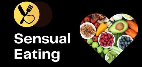Logo mit Essbesteck und Herz, umgeben von bunten Lebensmitteln in Form eines Herzens, mit dem Text „Sensual Eating“.