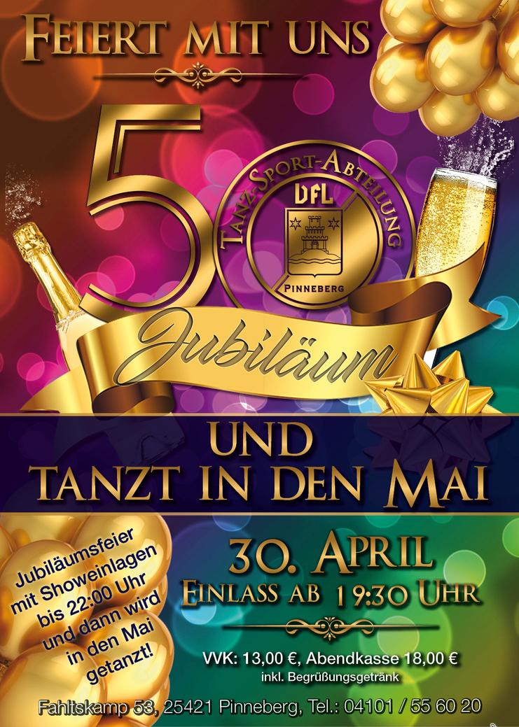 Einladungs-Plakat zur Jubiläumsfeier der Tanz-Sport-Abteilung DFL Pinneberg am 30. April mit goldenen Akzenten.