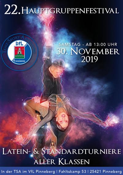 Plakat für das 22. Hauptgruppenfestival mit tanzenden Paaren und Informationen zu Turnieren am 30. November 2019.