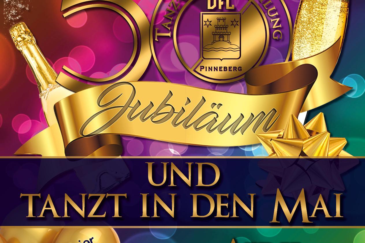 Einladungs-Plakat zur Jubil&auml;umsfeier der Tanz-Sport-Abteilung DFL Pinneberg am 30. April mit goldenen Akzenten.