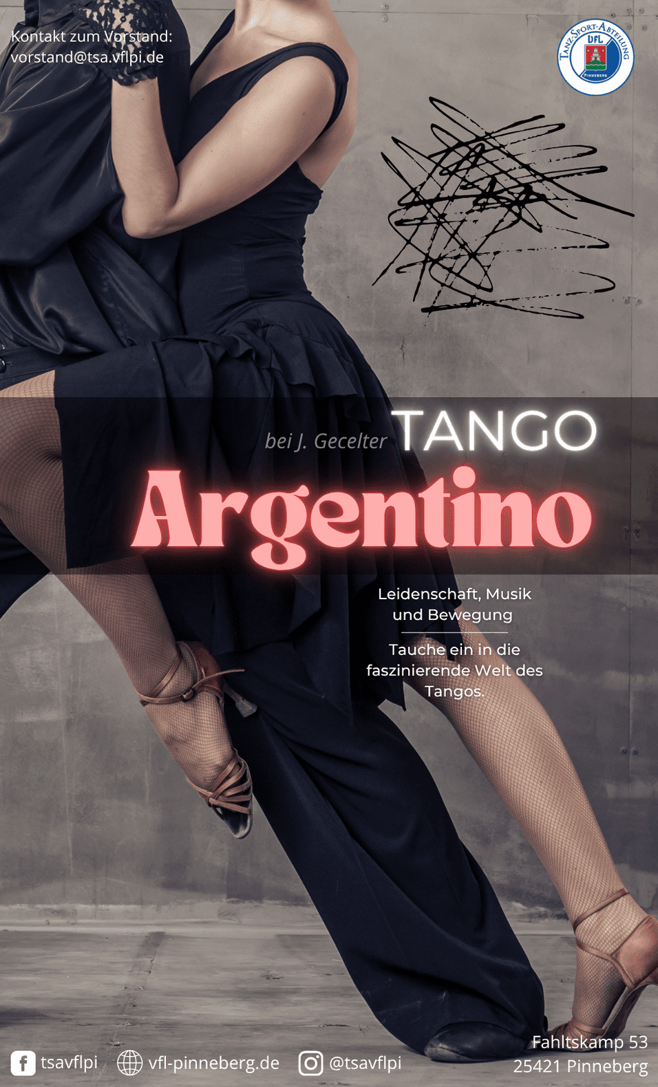Tango Argentino Flyer/Banner Tango Argentino Tanzpaar ohne Gesicht, Werbetext für Tanzkurs