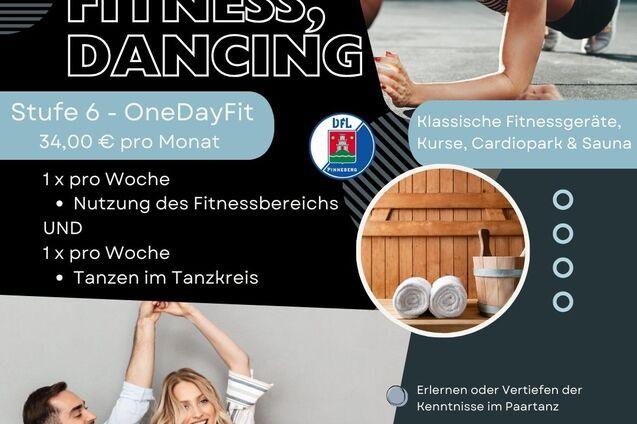Fitness-Angebot des VfL Pinneberg: Gym, Kurse, Tanzen. Informationen zu Preisen und Leistungen auf einem grafischen Flyer.