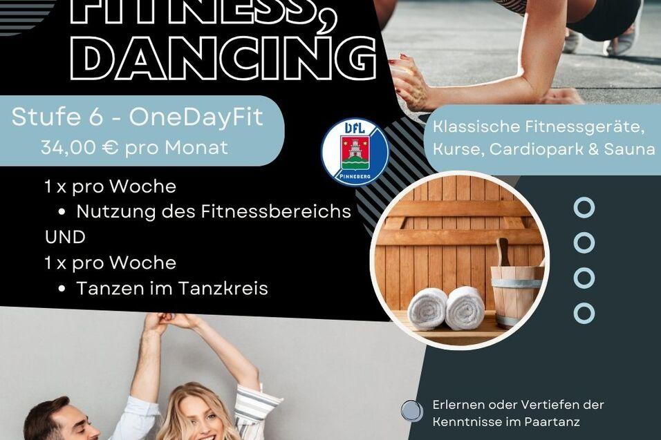Fitness-Angebot des VfL Pinneberg: Gym, Kurse, Tanzen. Informationen zu Preisen und Leistungen auf einem grafischen Flyer.
