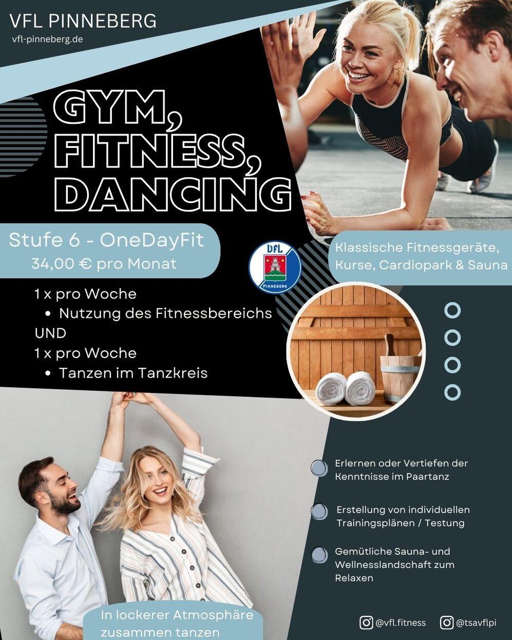 Fitness-Angebot des VfL Pinneberg: Gym, Kurse, Tanzen. Informationen zu Preisen und Leistungen auf einem grafischen Flyer.