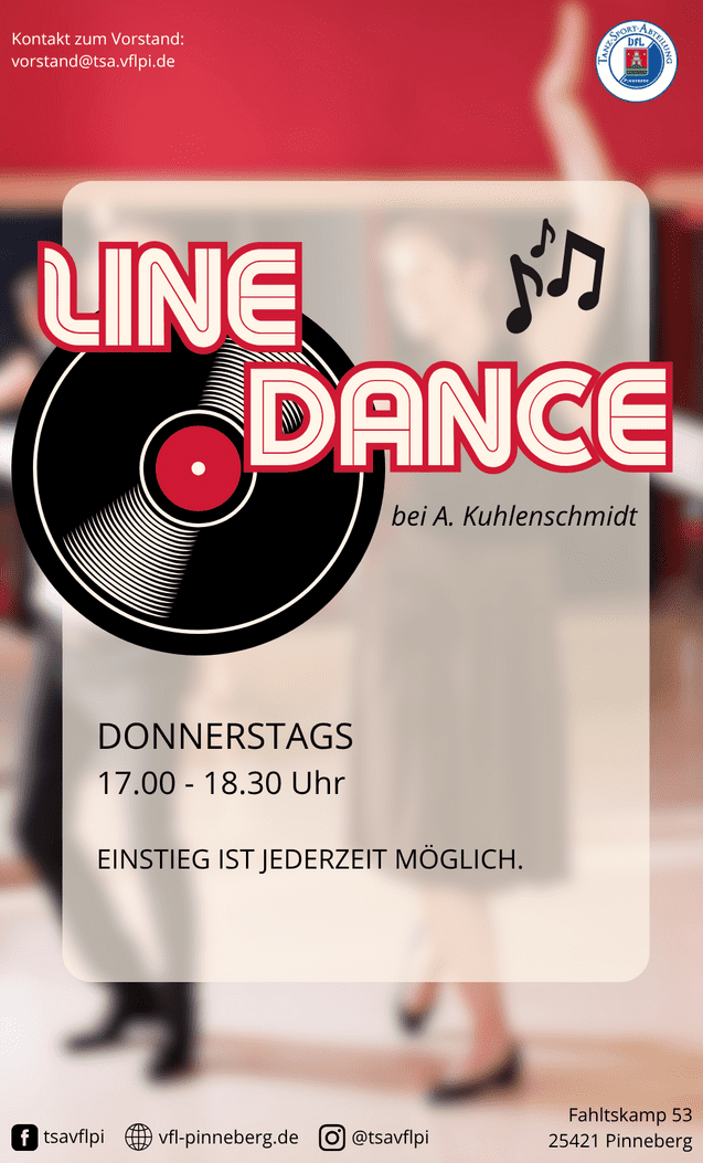 Line Dance Flyer/Banner Line Dance Illustration mit Werbetext, verschwommene Tanzszene im Hintergrund