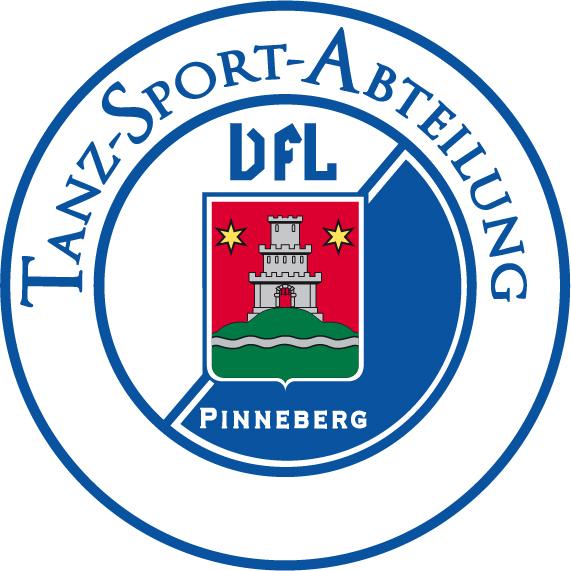 Logo der Tanz-Sport-Abteilung des VFL Pinneberg, eingerahmt in einem blauen Kreis mit rotem Wappen.