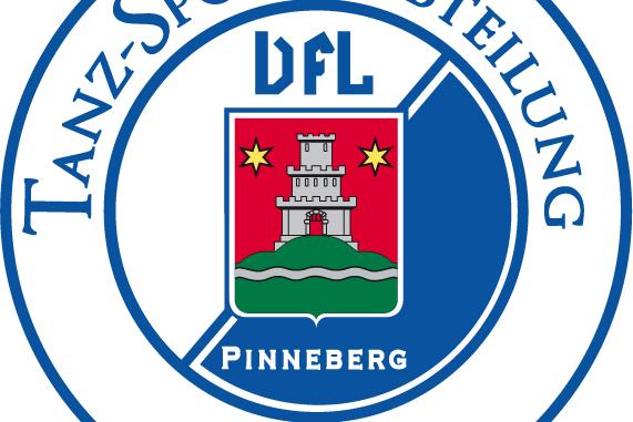 Logo der Tanz-Sport-Abteilung des VFL Pinneberg, eingerahmt in einem blauen Kreis mit rotem Wappen.