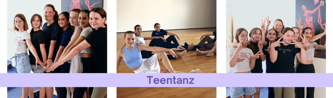Gruppenszenen von Mädchen beim Teen- und Jugendtanz in einem hellen Tanzstudio mit unterschiedlichen Tanzposen.