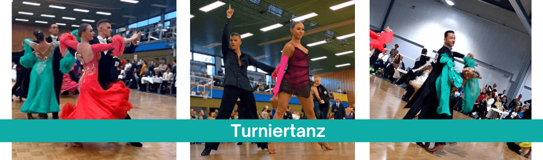 Tanzpaare in verschiedenen Outfits präsentieren langsame und schnelle Tänze in einem festlichen Saal.